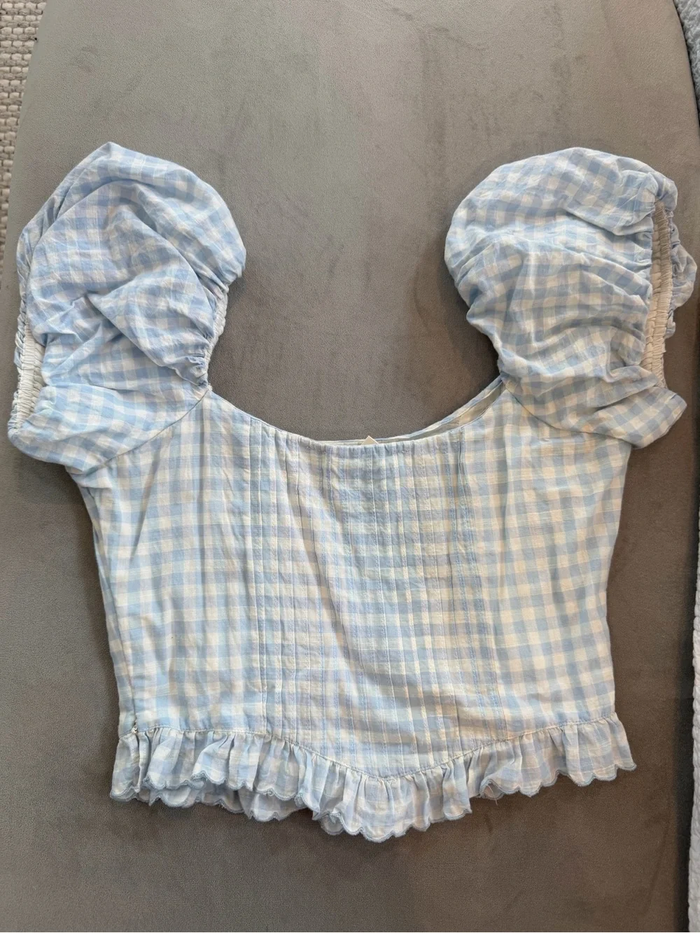 LoveShackFancy Light Blue and White Gingham Puff Sleeve Top